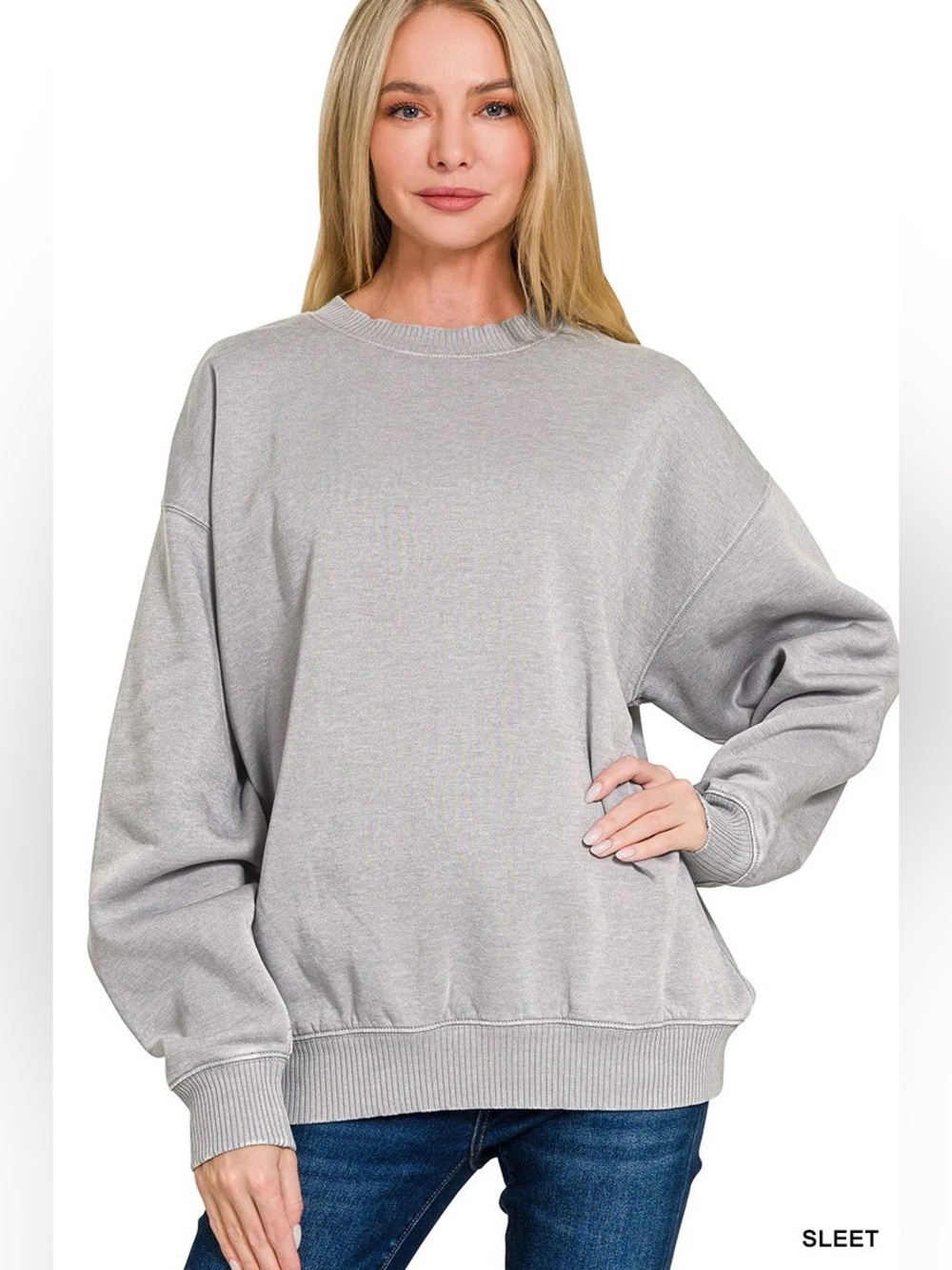 OTW-4500Y Zenana Sleet Fleece Acid Enzyme Washed Round Neck Sweatshirt